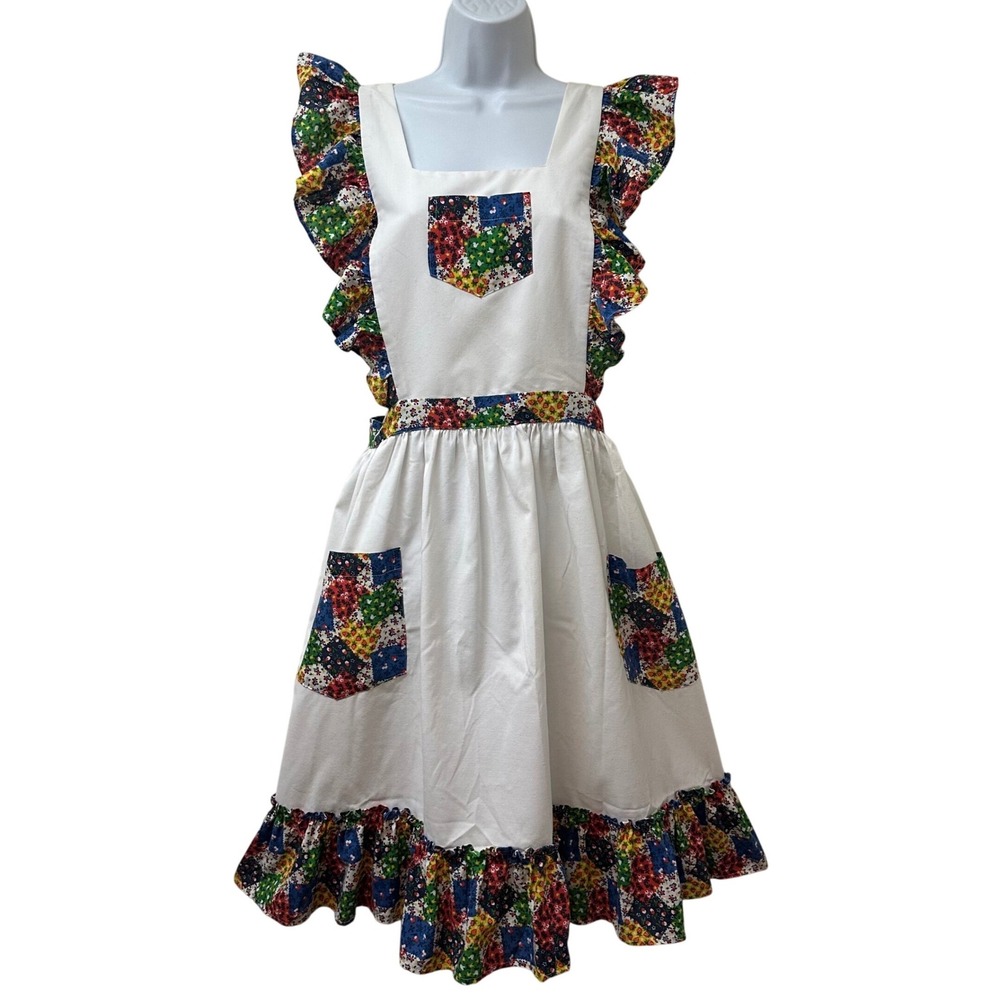 Vintage Handmade White Cotton Pinafore Apron Ruffle Floral Patchwork Cottagecore